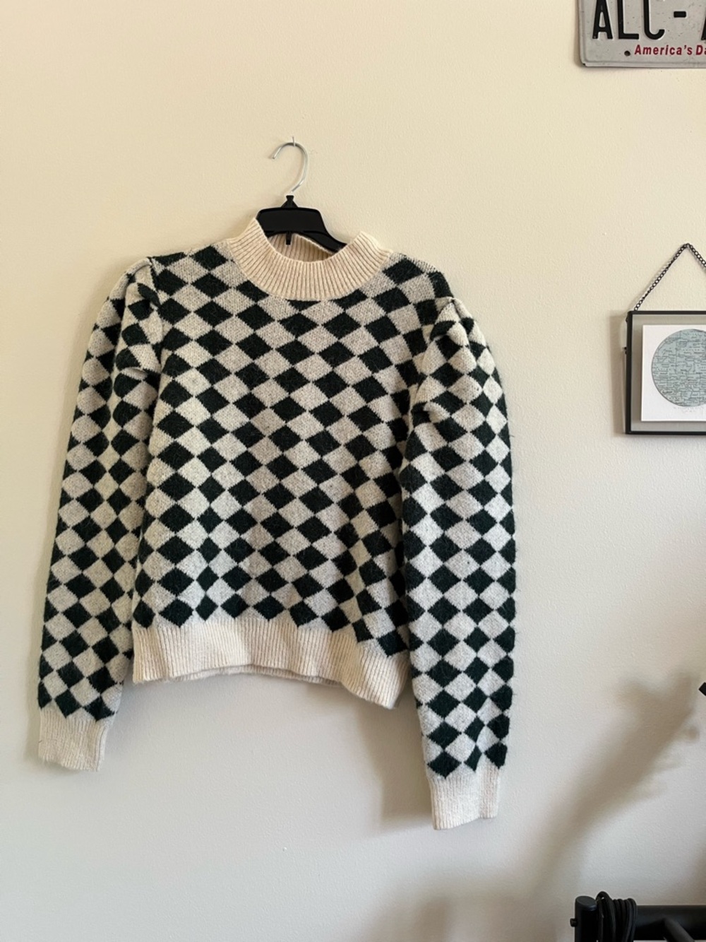 THML Green and Cream Diamond Mockneck Sweater